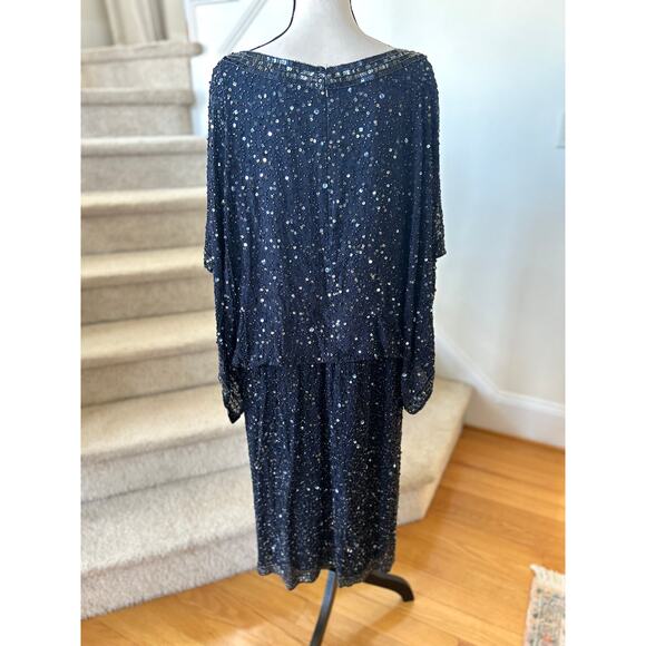 Patra Navy Beaded Silk Draped Scoop Neck Cocktail Dress - Picture 2 of 9